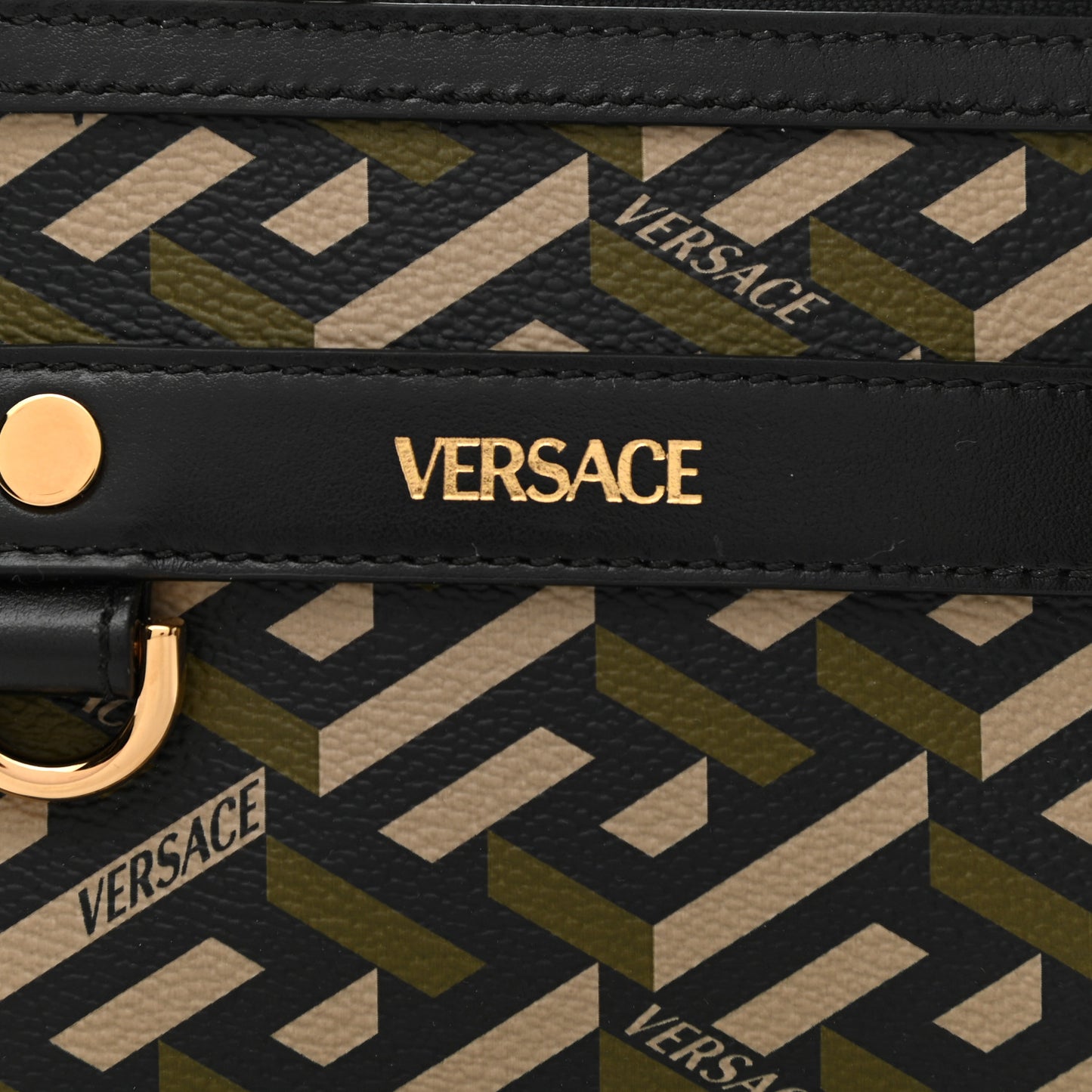 Coated Canvas Calfskin La Greca Modular Zip Pouch Black Green Beige
