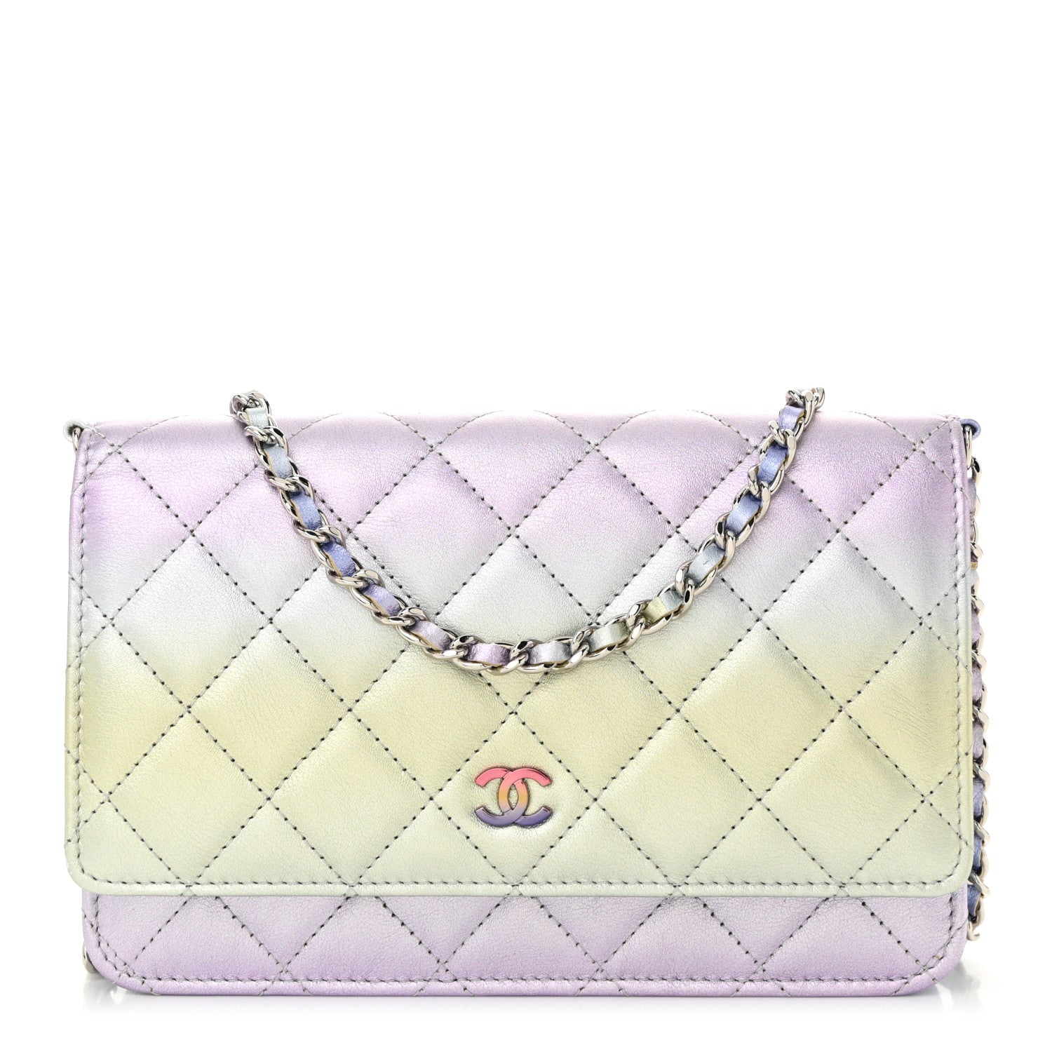 Chanel Gradient Metallic Calfskin Quilted Wallet On Chain WOC Silver Blue Yellow Purple 1 of 12