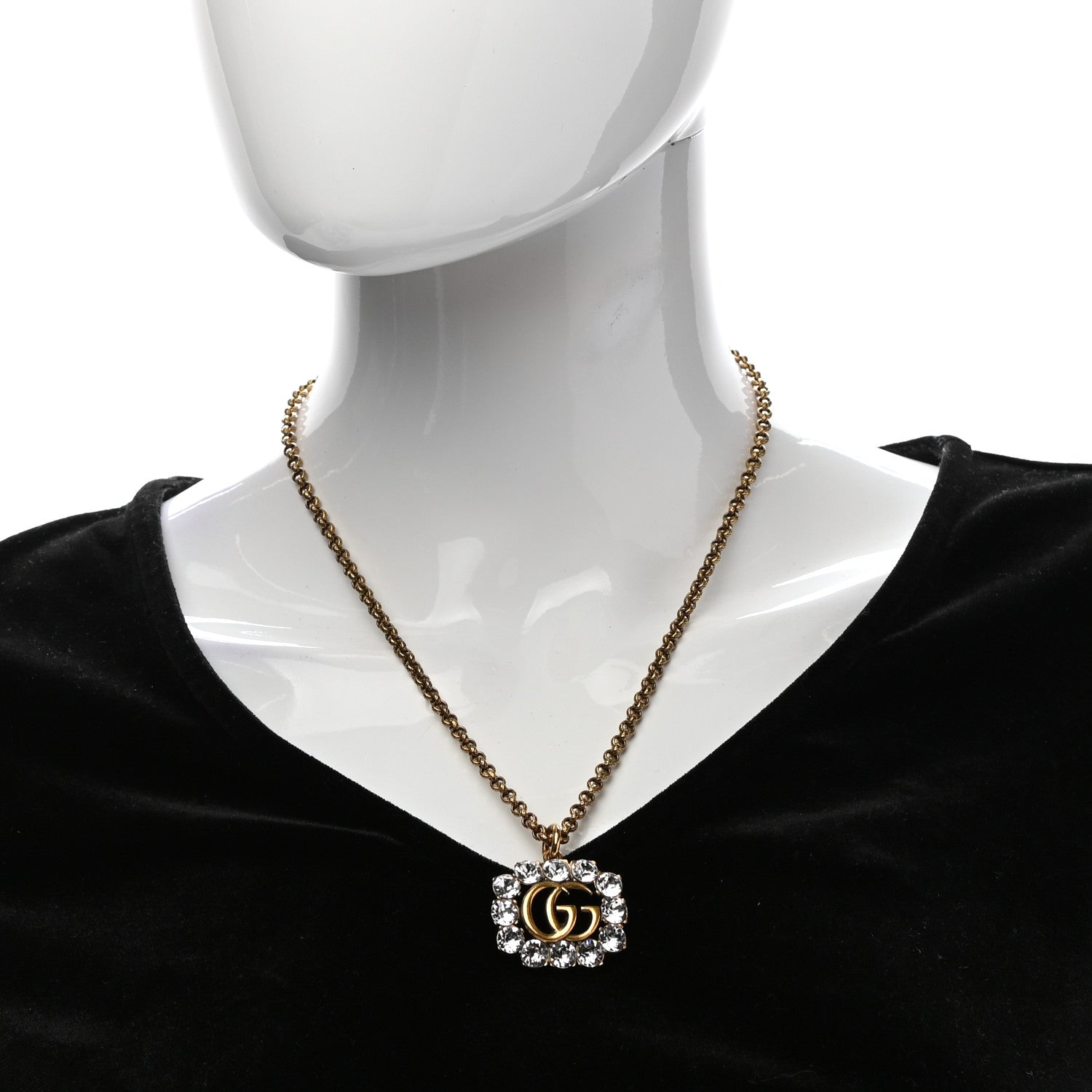 Gucci Crystal Embellished Double G Necklace Aged Gold 2 of 7