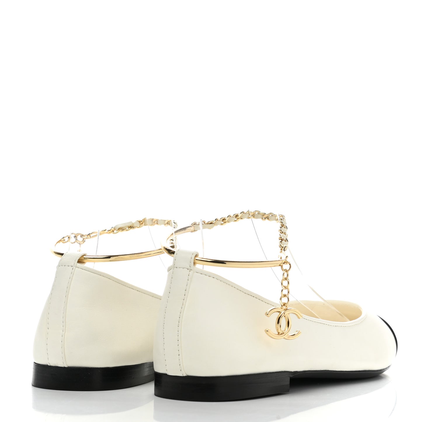 Lambskin Patent Calfskin Cap Toe Ankle Chain Ballerina Flats 38 White Black