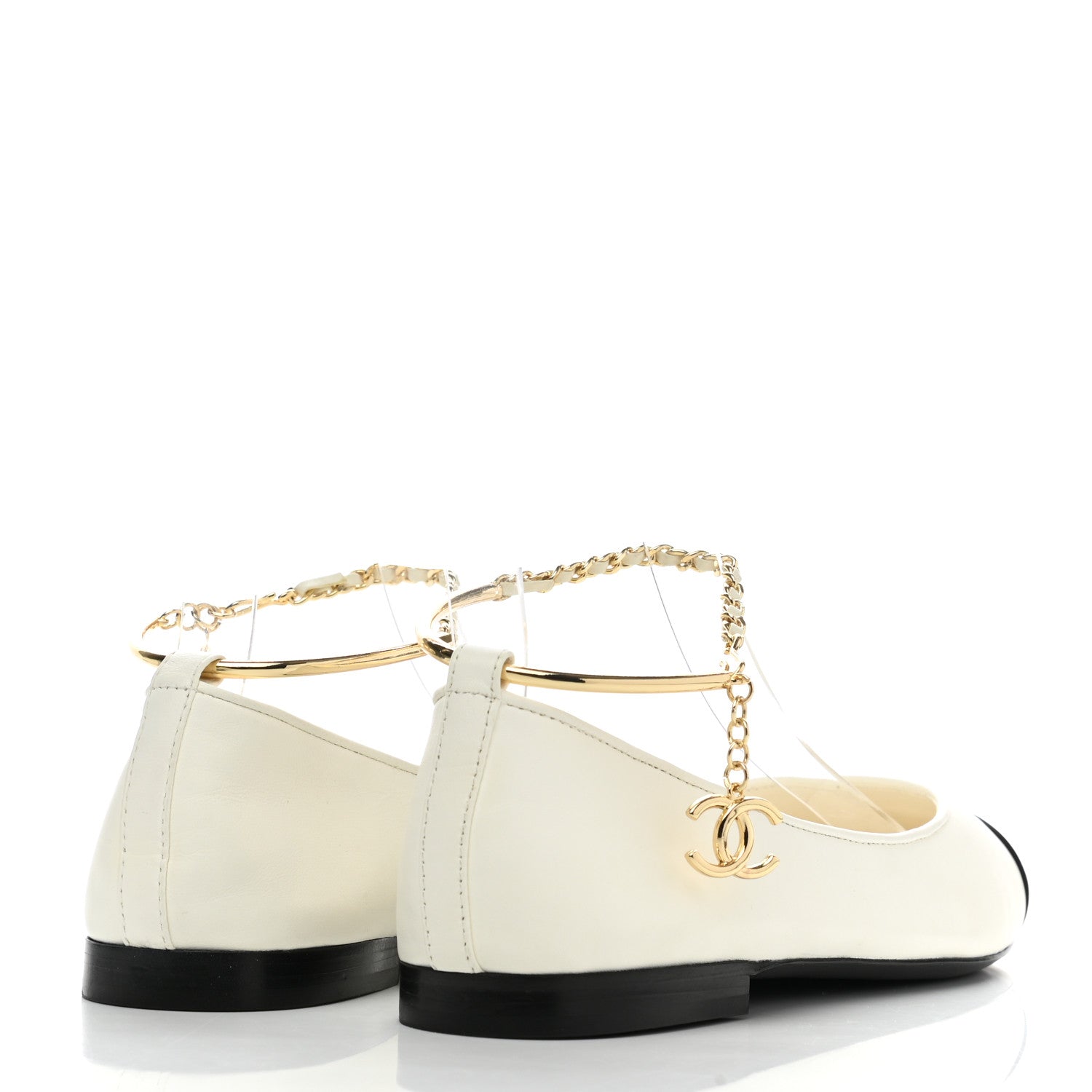 Chanel Lambskin Patent Calfskin Cap Toe Ankle Chain Ballerina Flats 38 White Black 4 of 8