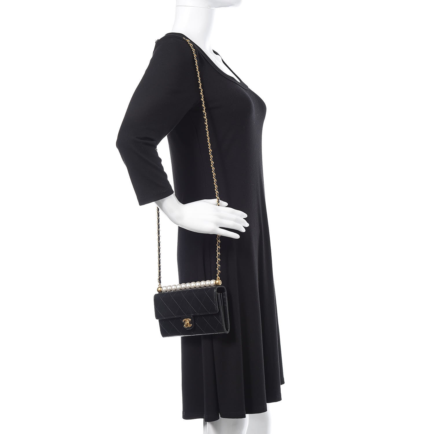 Chanel Goatskin Quilted Chic Pearls Clutch With Chain Black 2 of 10