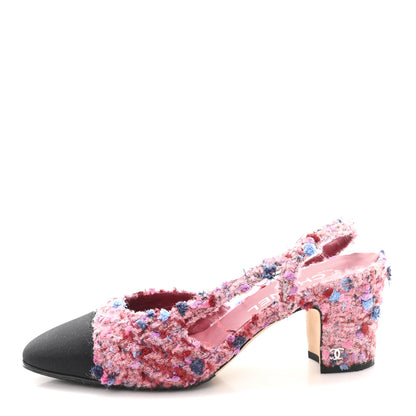 Chanel Tweed Grosgrain Cap Toe CC Slingback Pumps 36.5 Pink Black 1 of 9