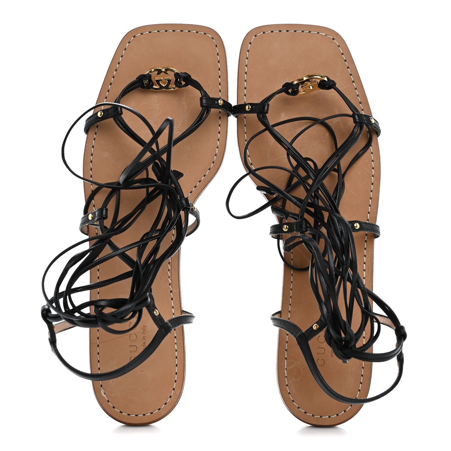 Gucci Nappa Charlotte Interlocking G Strappy Flat Sandals 38.5 Black 2 of 12