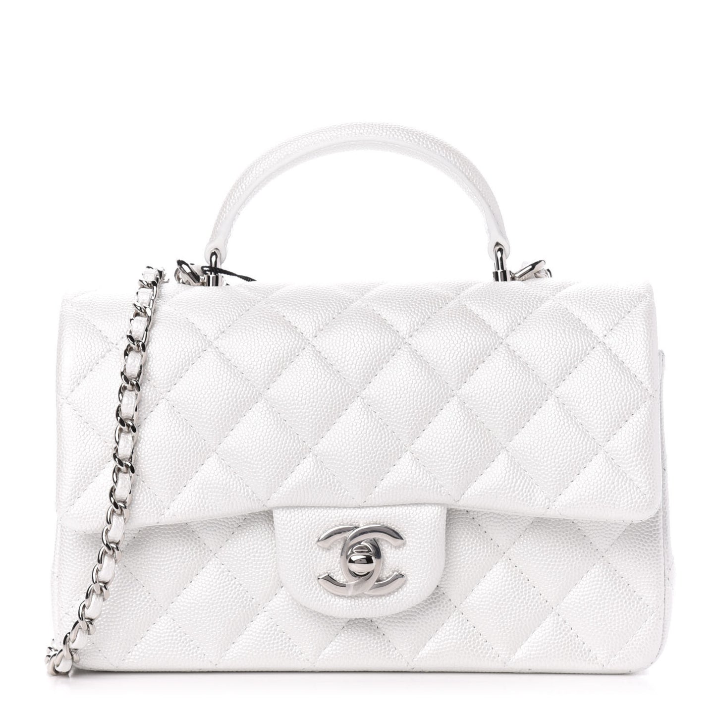 Iridescent Caviar Quilted Mini Top Handle Rectangular Flap White