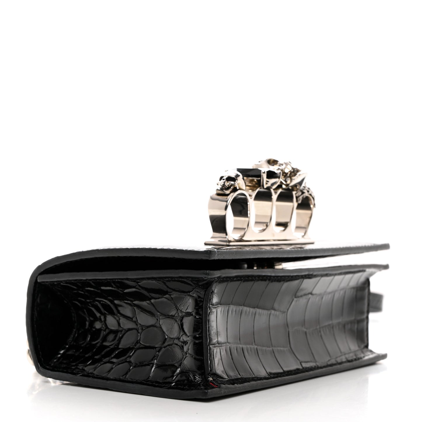 Calfskin Shiny Crocodile Embossed Jeweled Satchel Black
