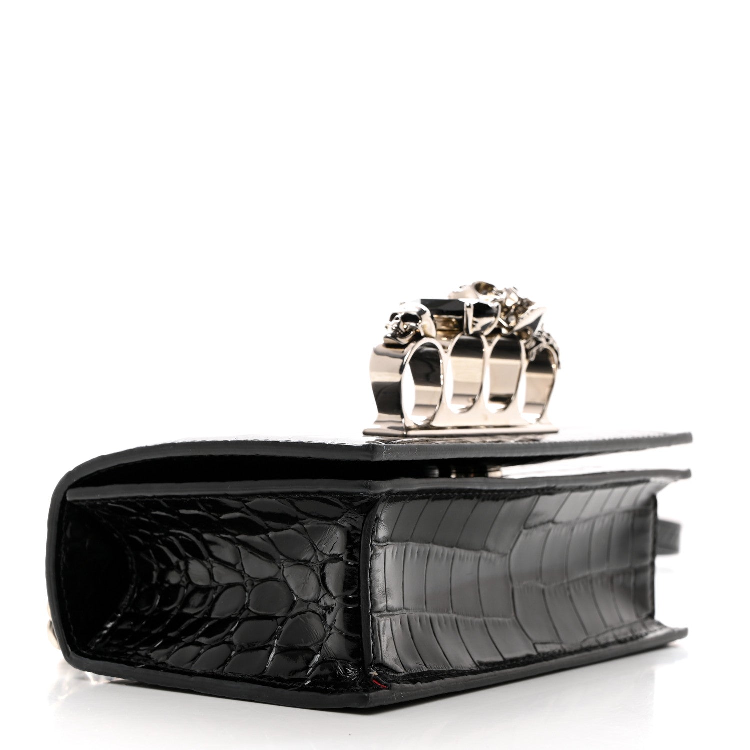 Alexander McQueen Calfskin Shiny Crocodile Embossed Jeweled Satchel Black 4 of 11