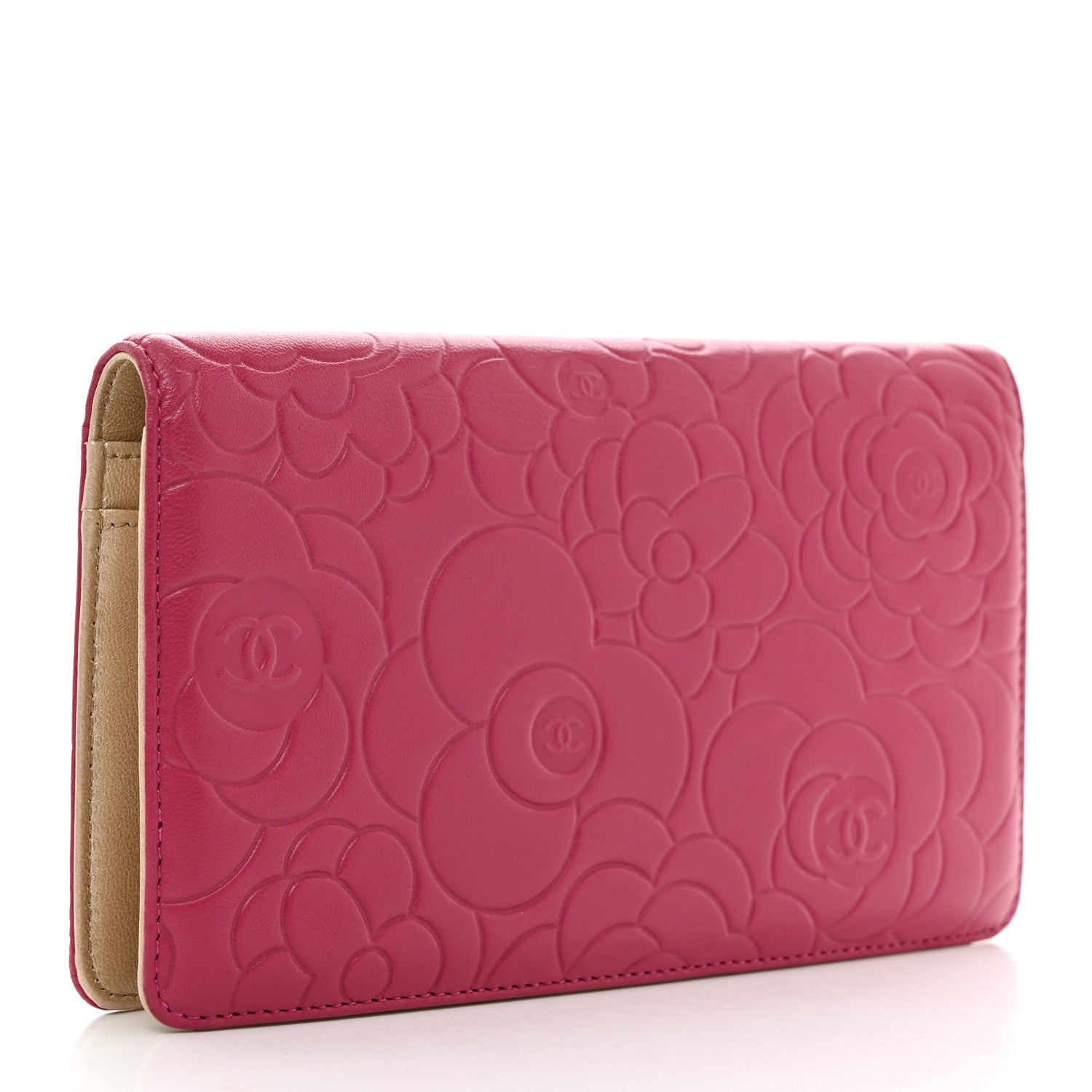 Chanel Lambskin Camellia Embossed Yen Wallet Fuchsia 3 of 9