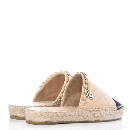 Chanel Lambskin Grosgrain Quilted CC Chain Espadrille Mules 35 Beige Black 4 of 10