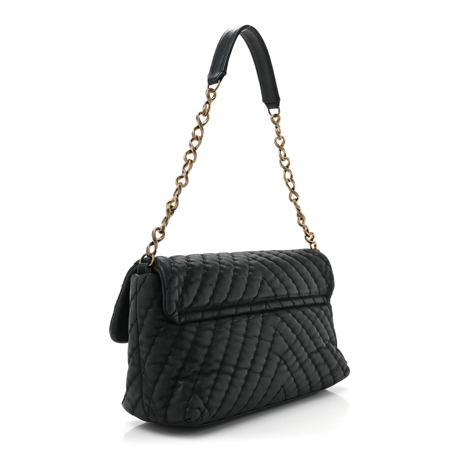 Iridescent Calfskin Surpique Chevron Large Flap Black