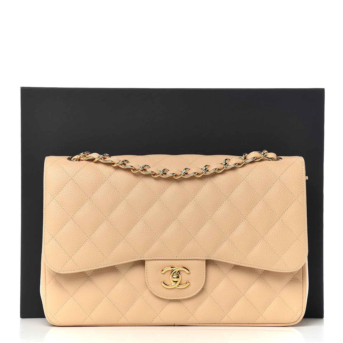 Caviar Quilted Jumbo Double Flap Beige Clair
