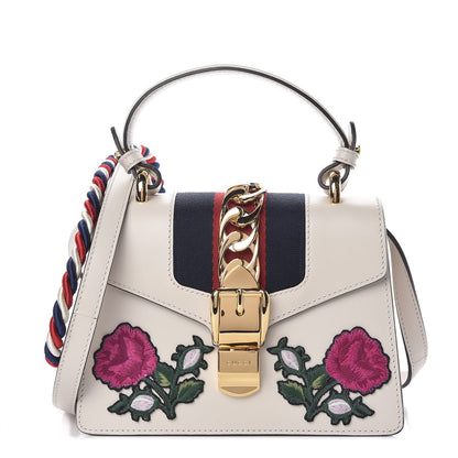 Gucci Calfskin Embroidered Mini Sylvie Top Handle Bag White 1 of 12