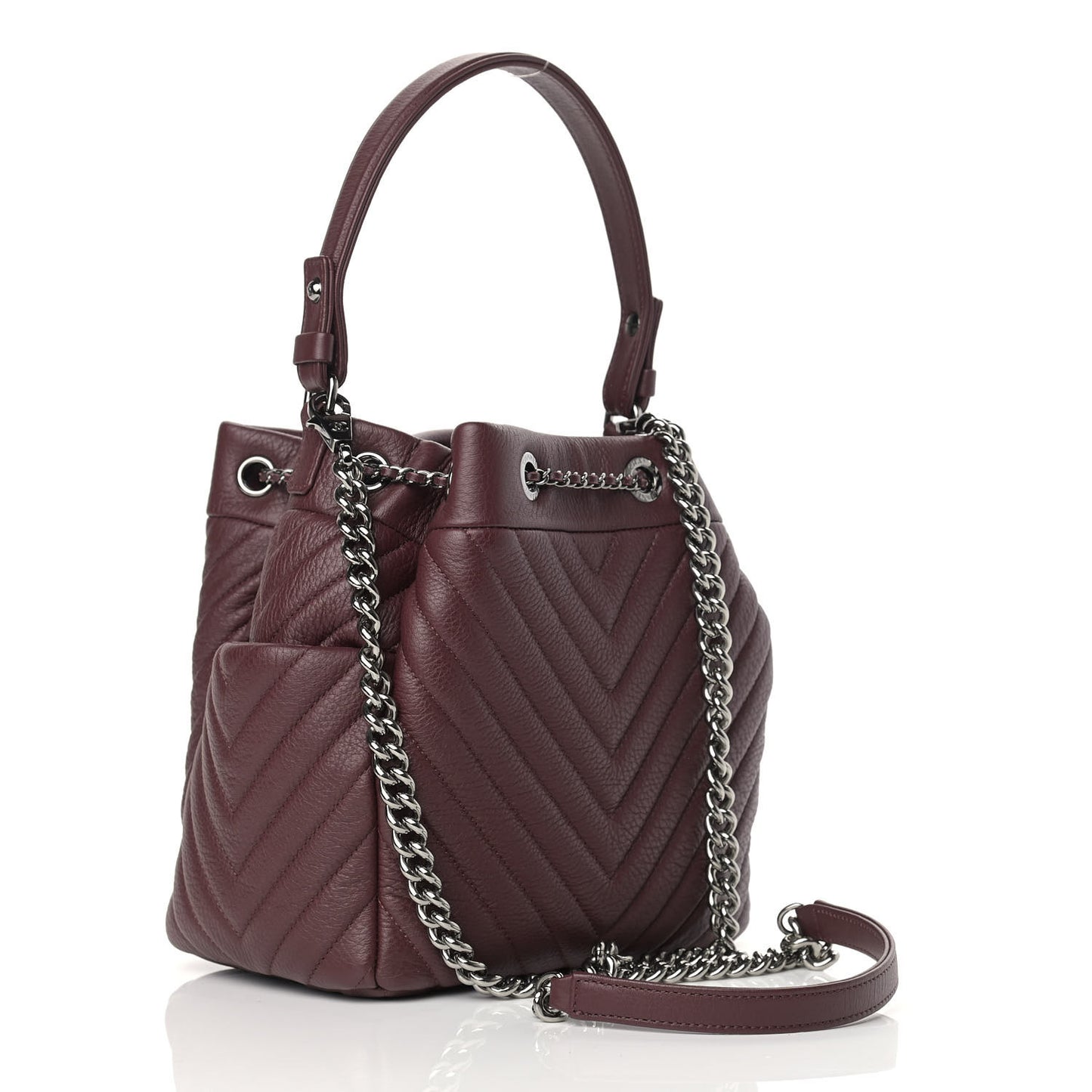 Deerskin Chevron Small CC Chain Bucket Bag Burgundy