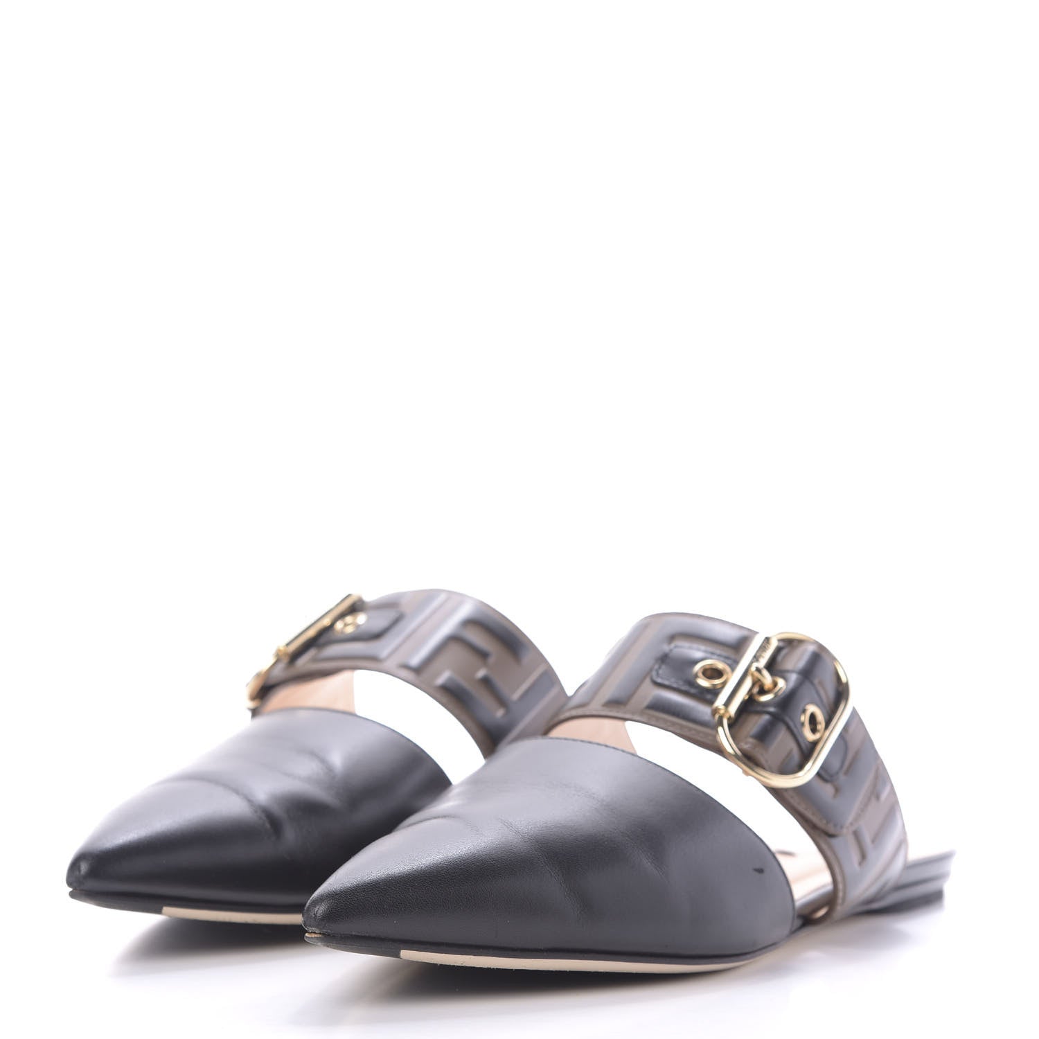 Fendi Vitello FF Embossed Buckle Flat Mules 36 Maya Black 3 of 11