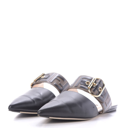 Fendi Vitello FF Embossed Buckle Flat Mules 36 Maya Black 3 of 11