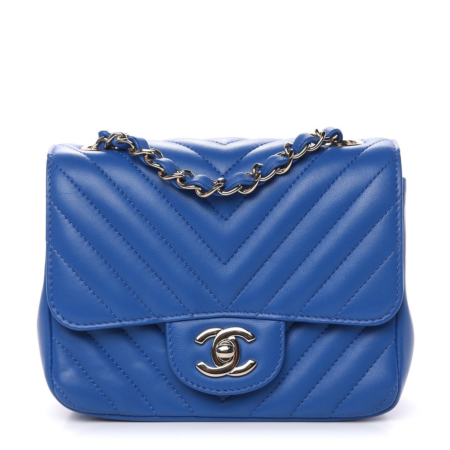 Lambskin Chevron Quilted Mini Square Flap Blue