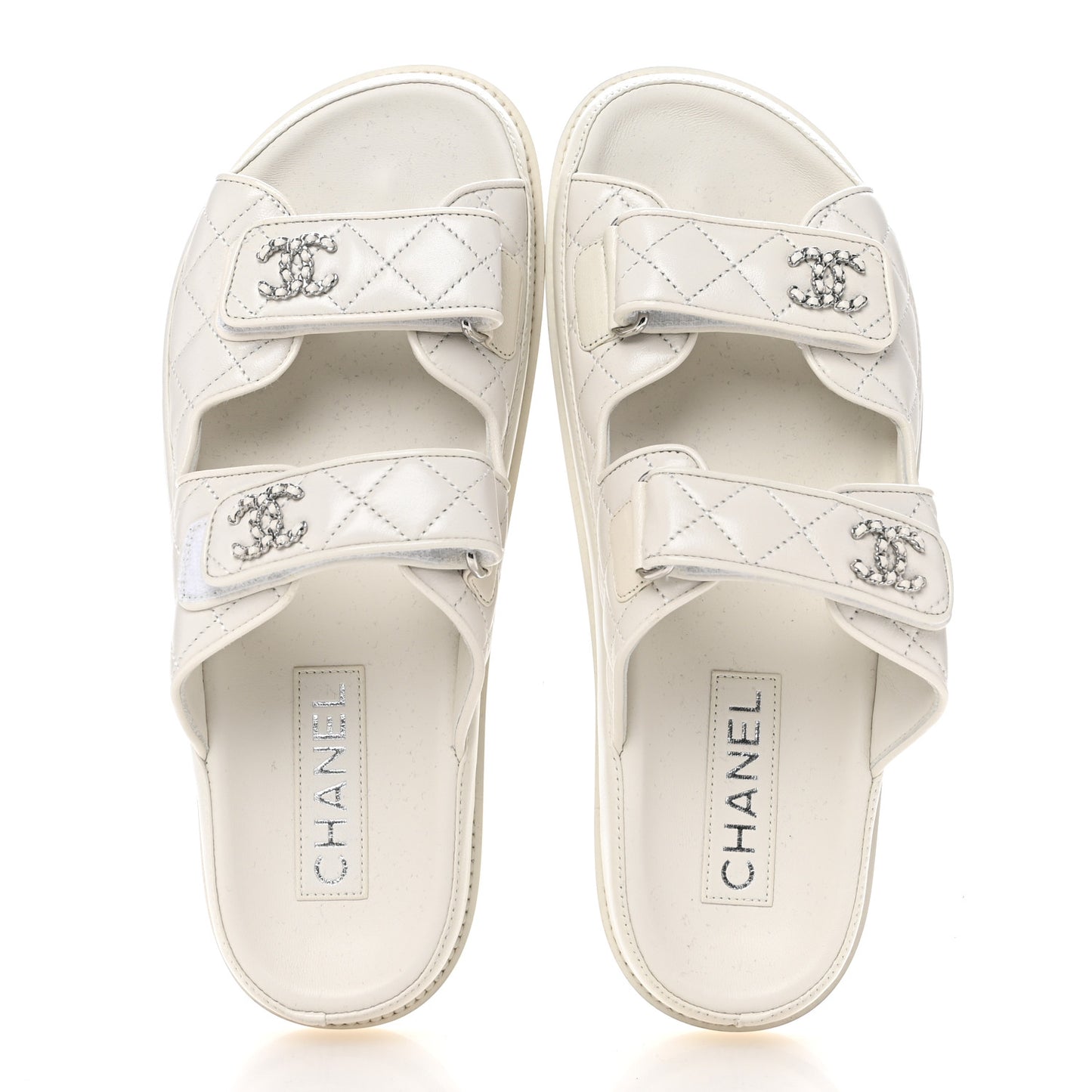 Lambskin Quilted Velcro Dad Chain CC Slide Sandals 39 White