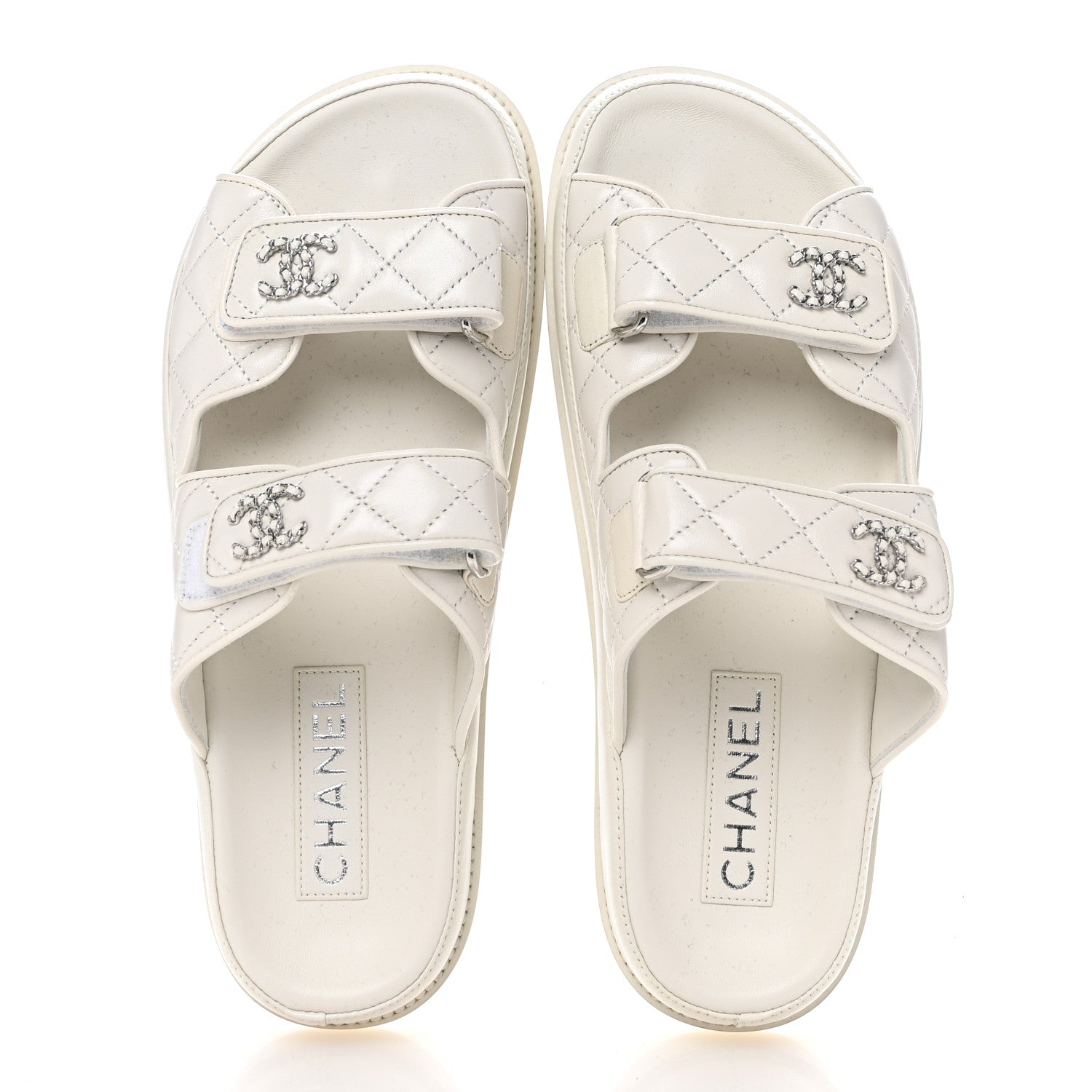 Chanel Lambskin Quilted Velcro Dad Chain CC Slide Sandals 39 White 2 of 9