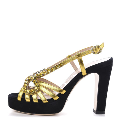 Gucci Velvet Nappa Crystal Zephyra Slingback Platform High Heel Sandals 36 Black Gold 1 of 9