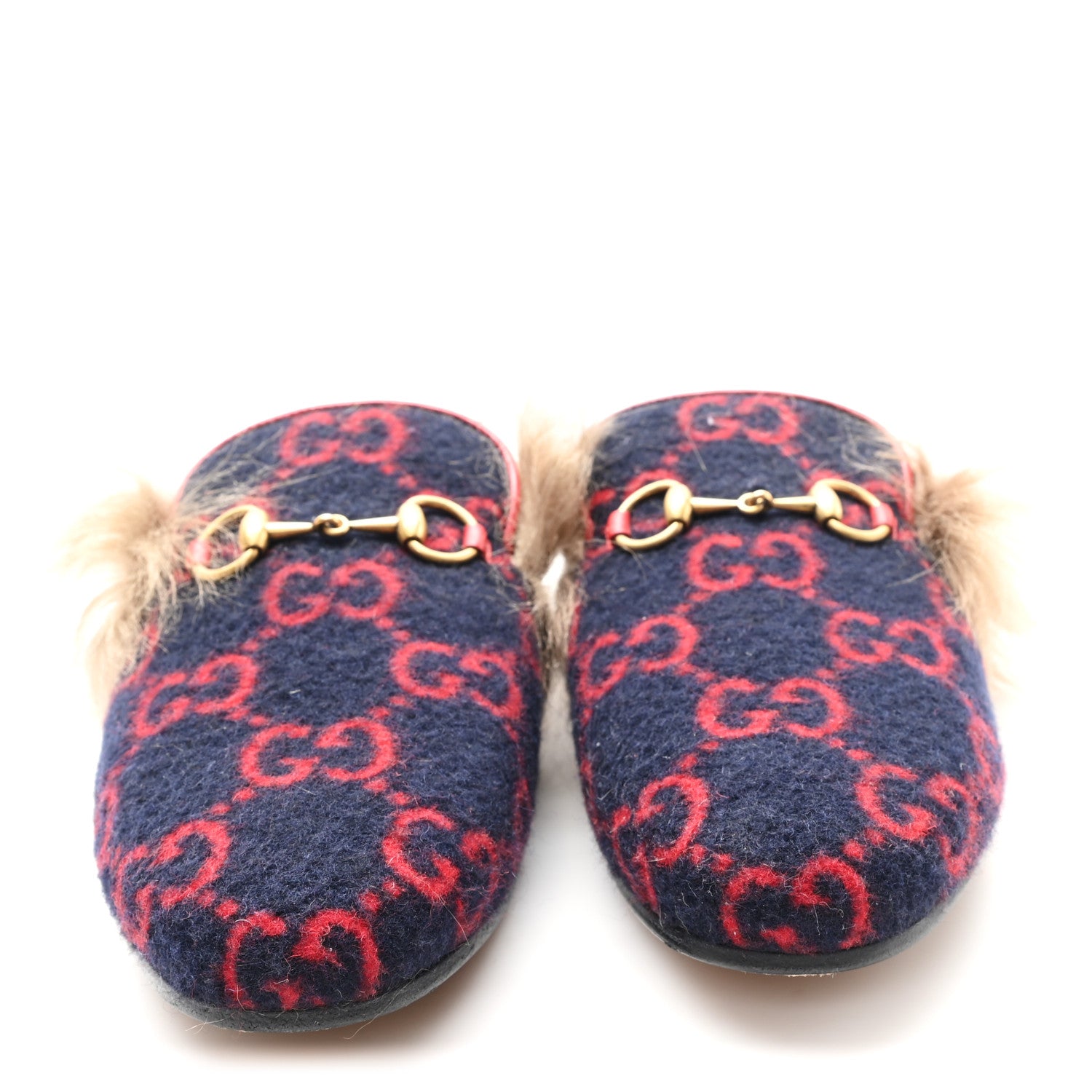 Gucci Covered Wool Big GG Monogram Fur Womens Princetown Slippers 36 Blue Red Butterscotch 3 of 8