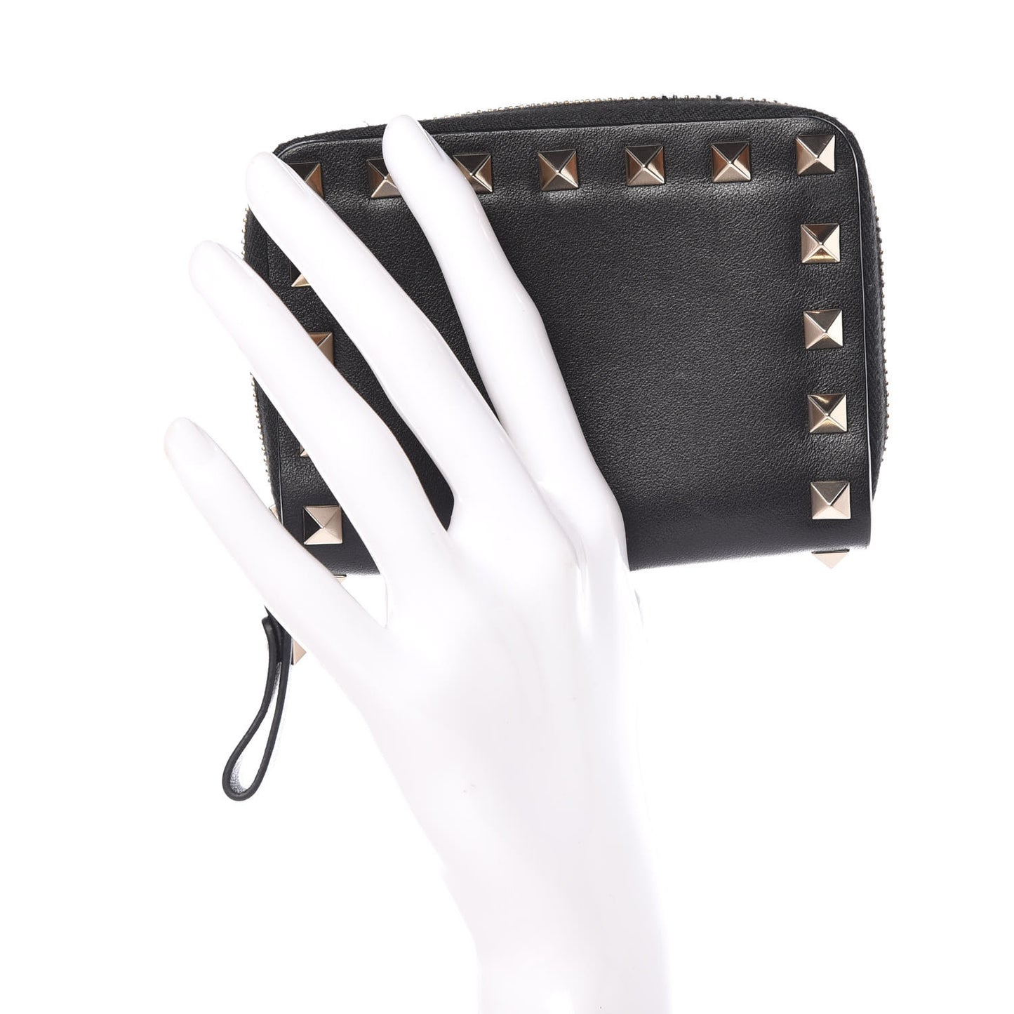 Calfskin Rockstud Zip Around Coin Case Card Holder Black