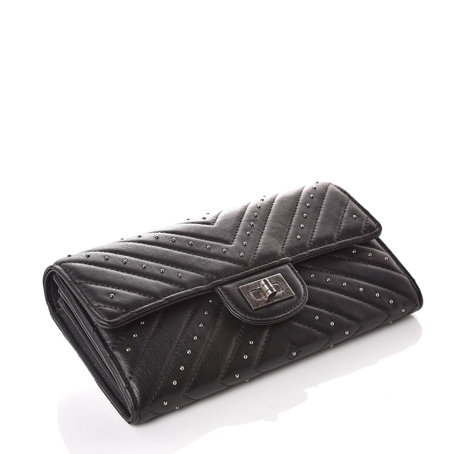 Sheepskin Chevron Quilted Studded Reissue Flap Wallet Black