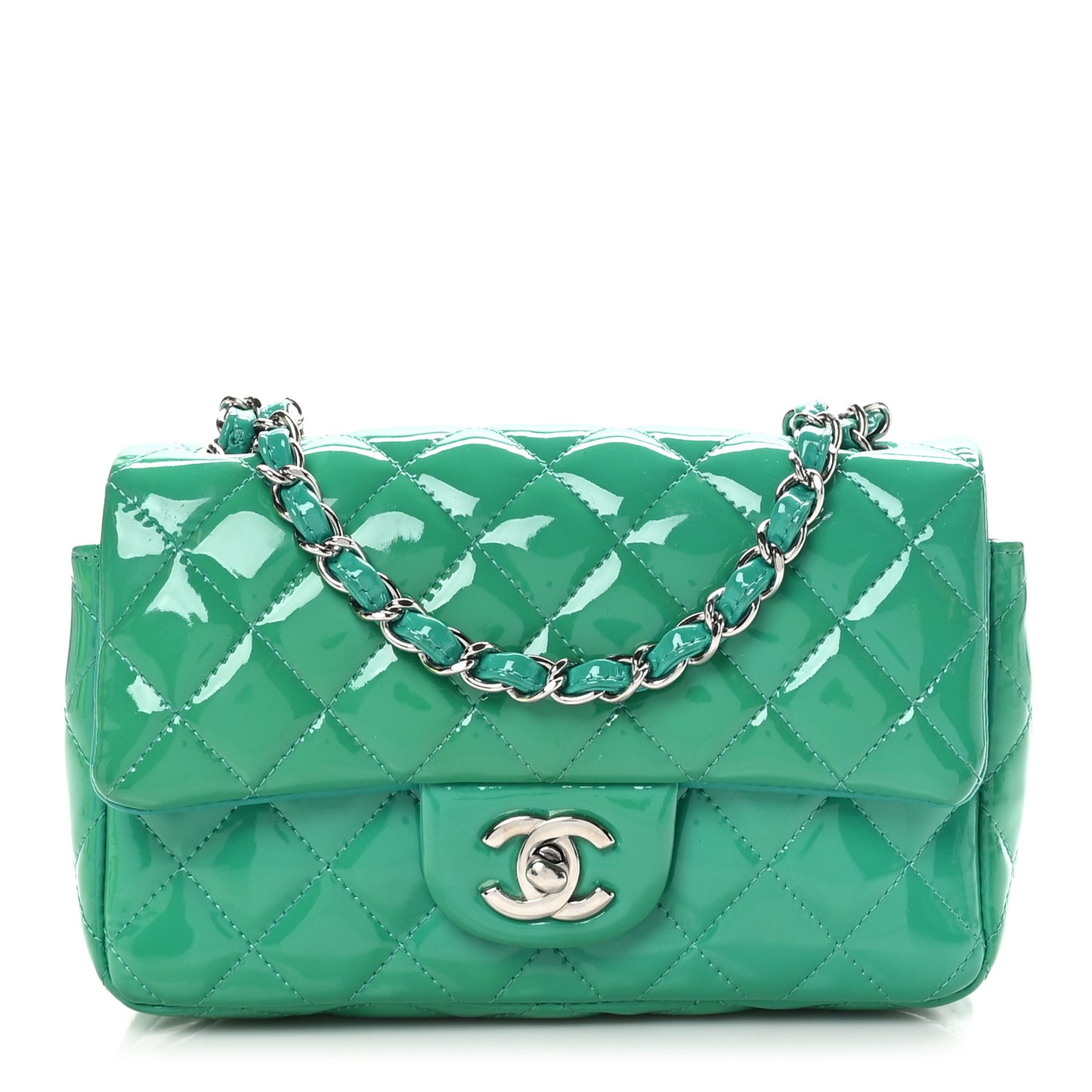 Patent Calfskin Quilted Mini Rectangular Flap Green