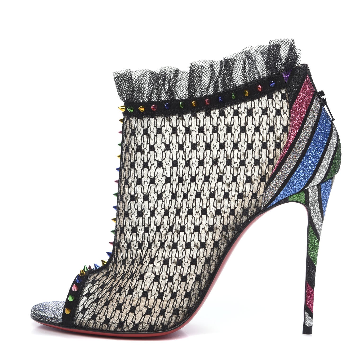 Christian Louboutin Rete Stripy Glitter Spike Juliettra 100 Ankle Peep Toe Boots 37.5 Black Multicolor 1 of 8