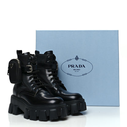 Prada Spazzolato Rois Nylon Metal Triangle Logo Monolith Pouch Pocket 55mm Boots 36 Black 8 of 8