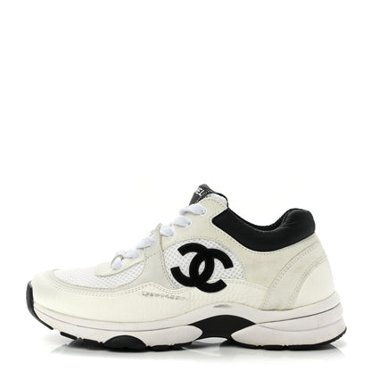 Chanel Mesh Suede Calfskin Grained Calfskin Womens CC Sneakers 36 White Black 1 of 12