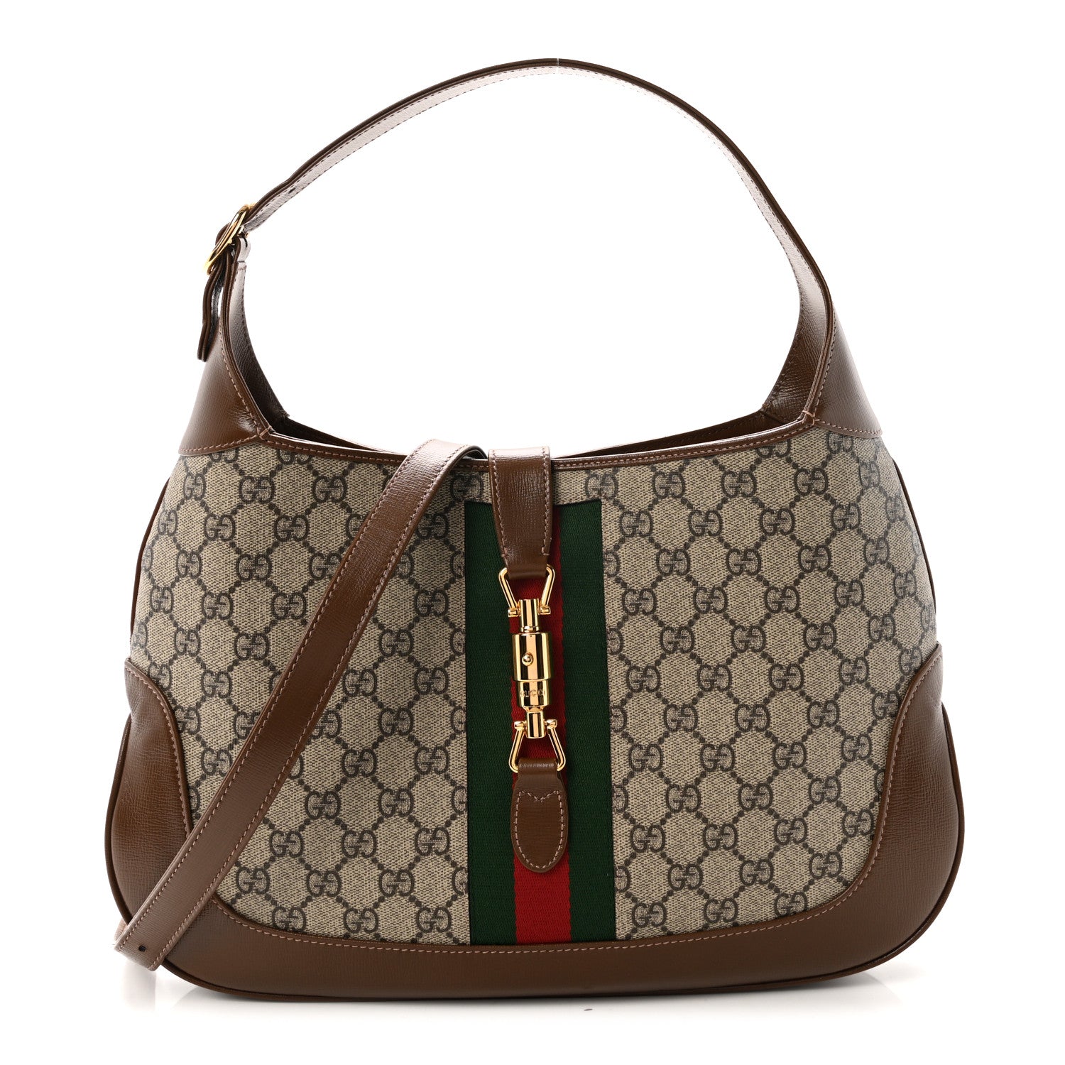 Gucci GG Supreme Monogram Azalea Calfskin Web Medium Jackie 1961 Hobo Beige Ebony Brown Sugar 1 of 10