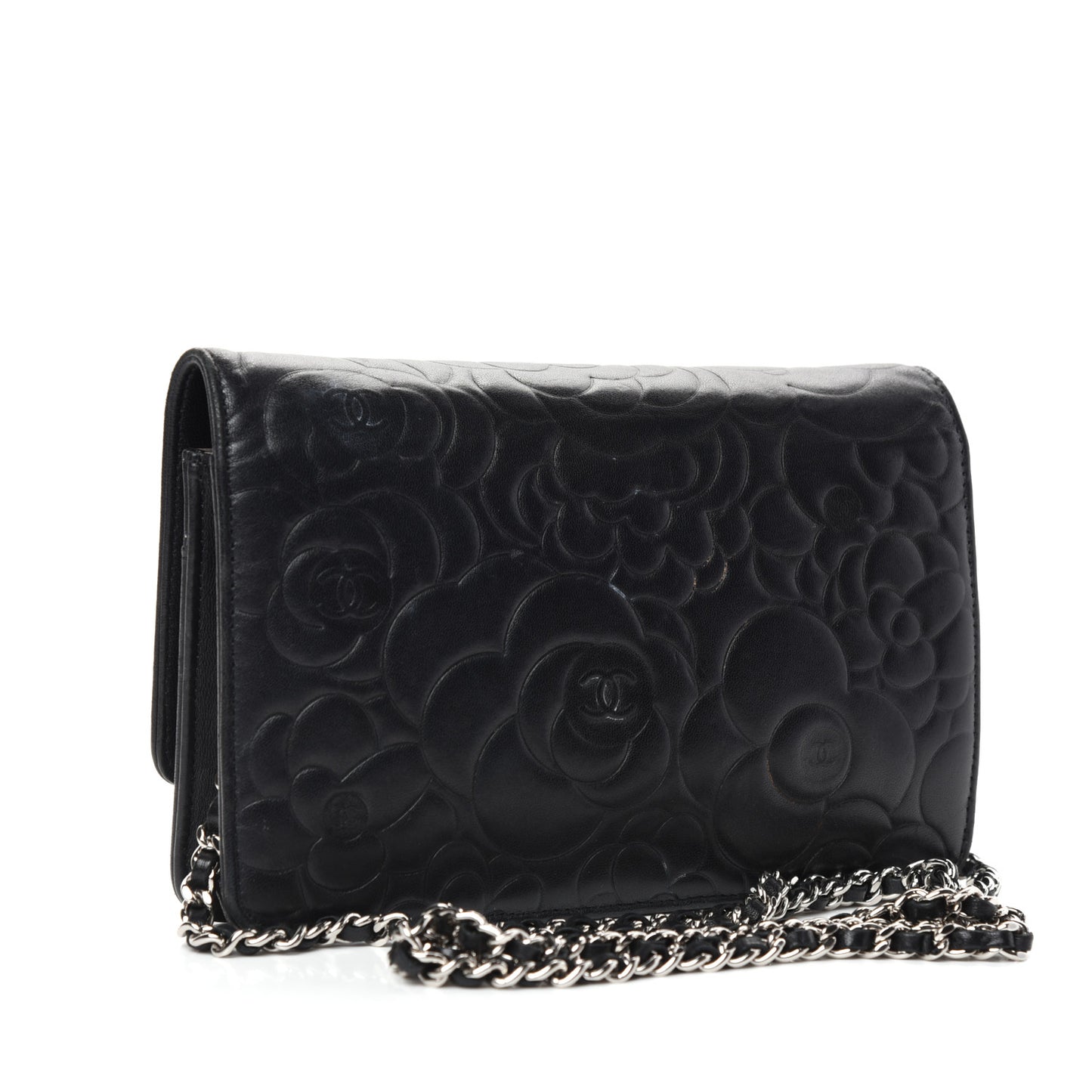 Lambskin Camellia Embossed Wallet on Chain WOC Black