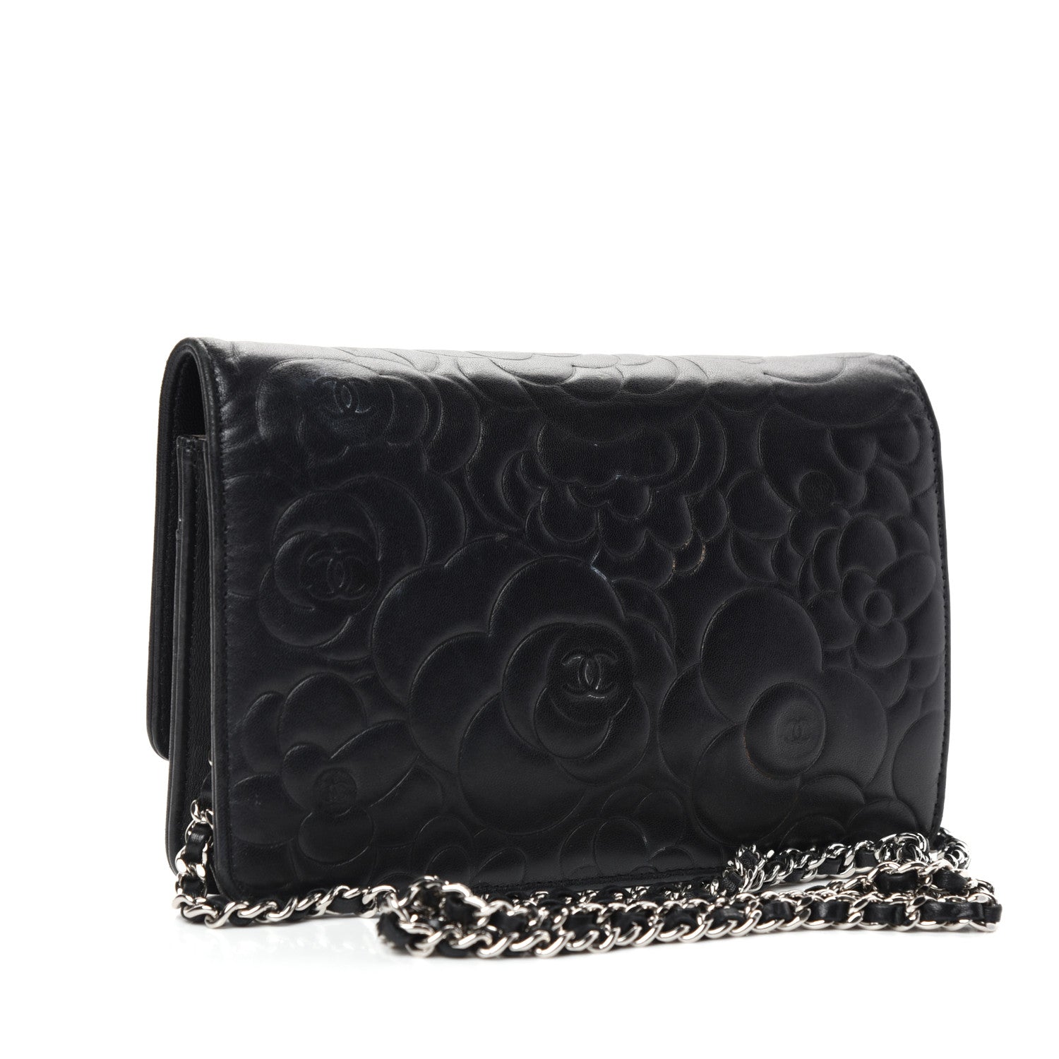 Chanel Lambskin Camellia Embossed Wallet on Chain WOC Black 3 of 10