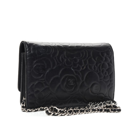 Chanel Lambskin Camellia Embossed Wallet on Chain WOC Black 3 of 10