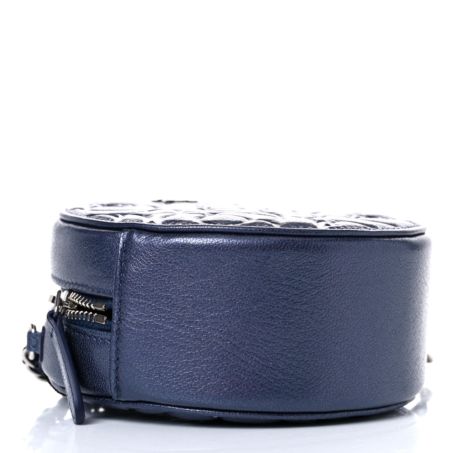 Goatskin Camellia Embossed Round Clutch With Chain Dark Blue