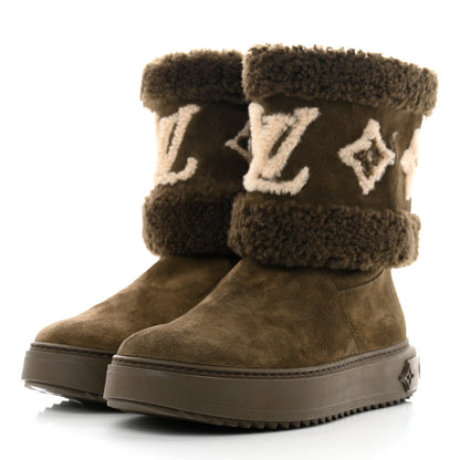 Louis Vuitton Suede Calfskin Shearling Snowdrop Flat Ankle Boot 38.5 Khaki 3 of 8