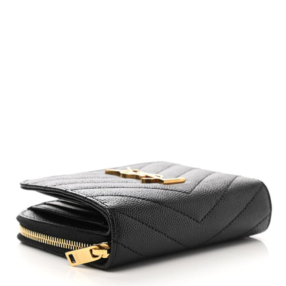 Saint Laurent Grain De Poudre Matelasse Chevron Monogram Compact Zip Around Wallet Black 4 of 8