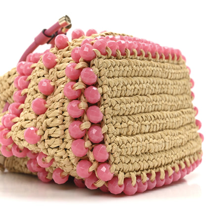 Jimmy Choo Calfskin Raffia Beaded Bon Bon Bucket Bag Beige Pink 9 of 10