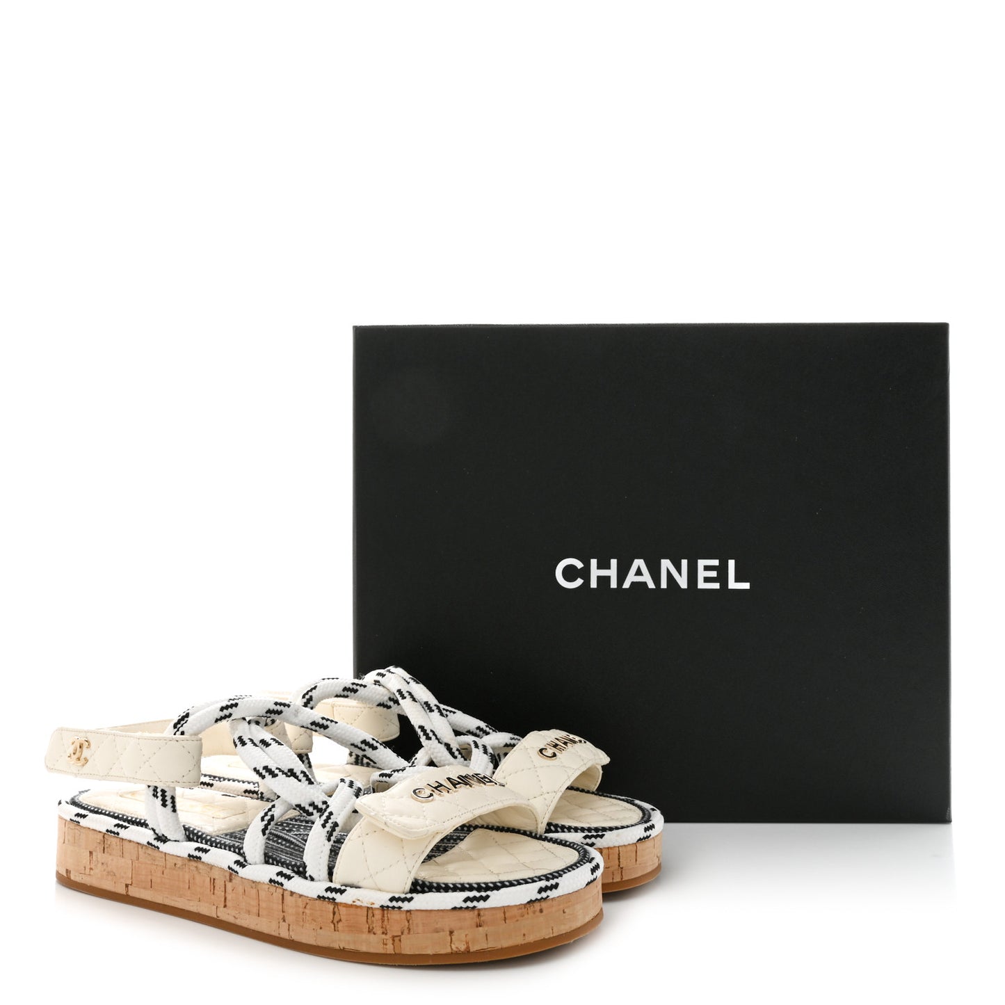 Cord Lambskin Quilted Logo Sandals 38 White Black