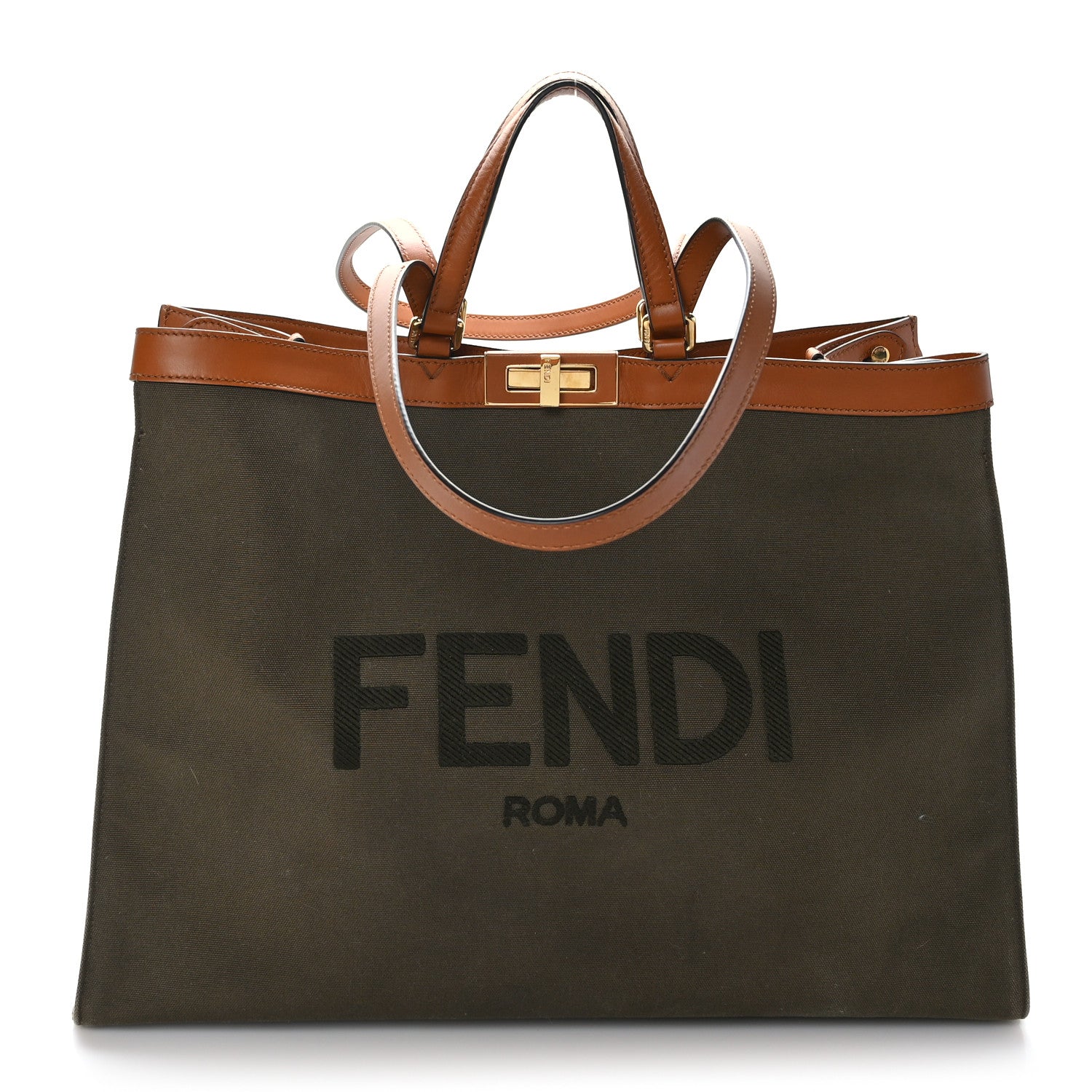 Fendi Canvas Vitello King Logo Embroidered Large Peekaboo X-Tote Amazzonia Cuoio 1 of 7