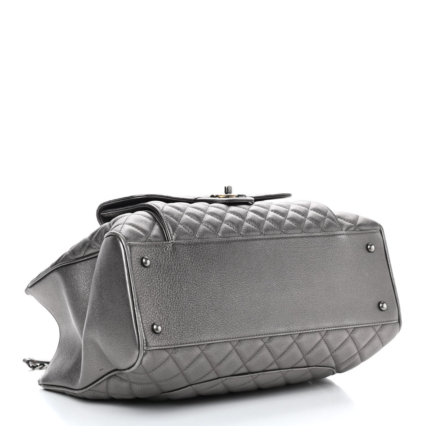 Metallic Grained Calfskin Quilted Large Casual Pocket Tote Silver