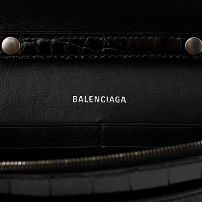 Balenciaga Shiny Calfskin Monochrome Crocodile Embossed Hourglass Chain Bag Black 6 of 10