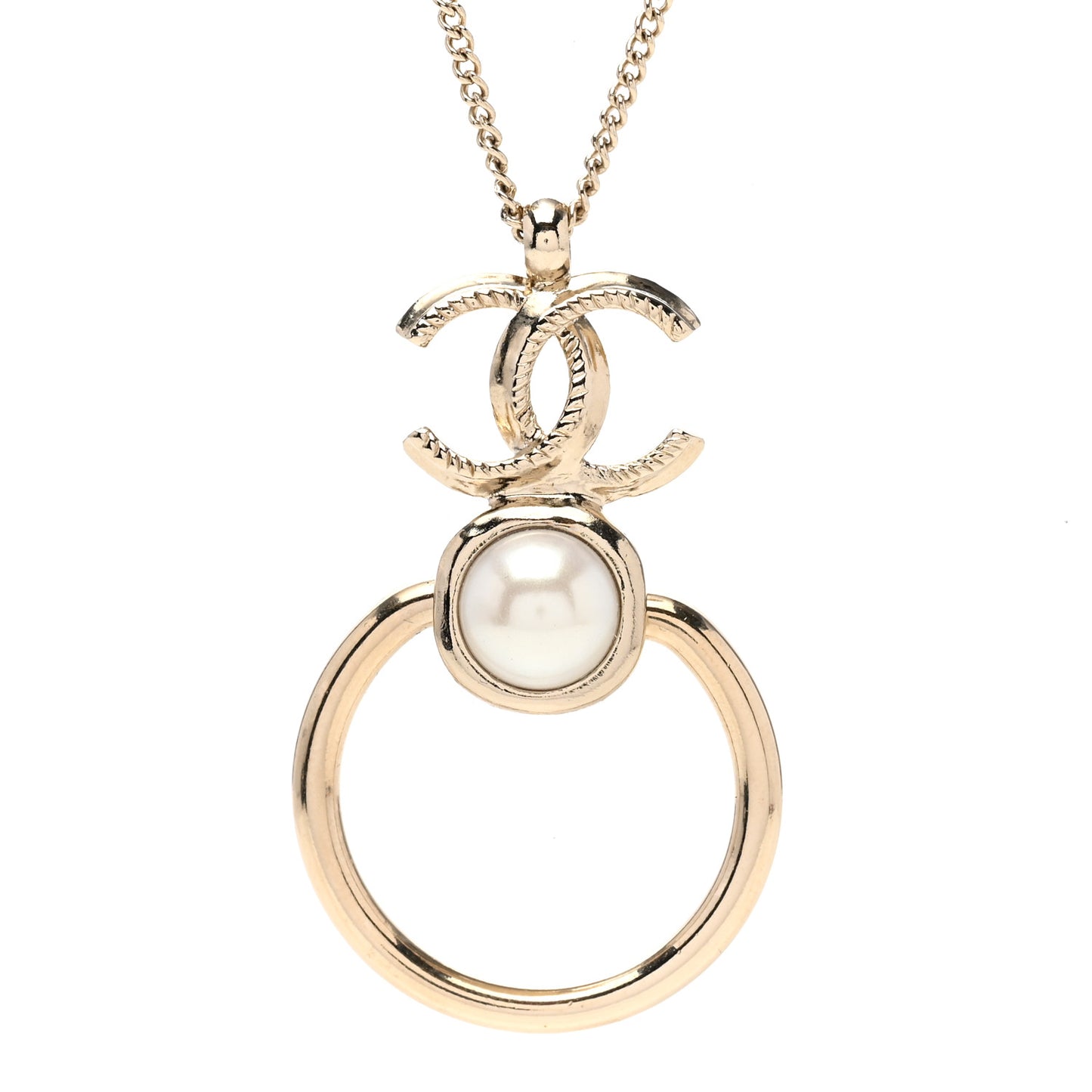 Metal Pearl CC Hoop Drop Pendant Necklace Gold