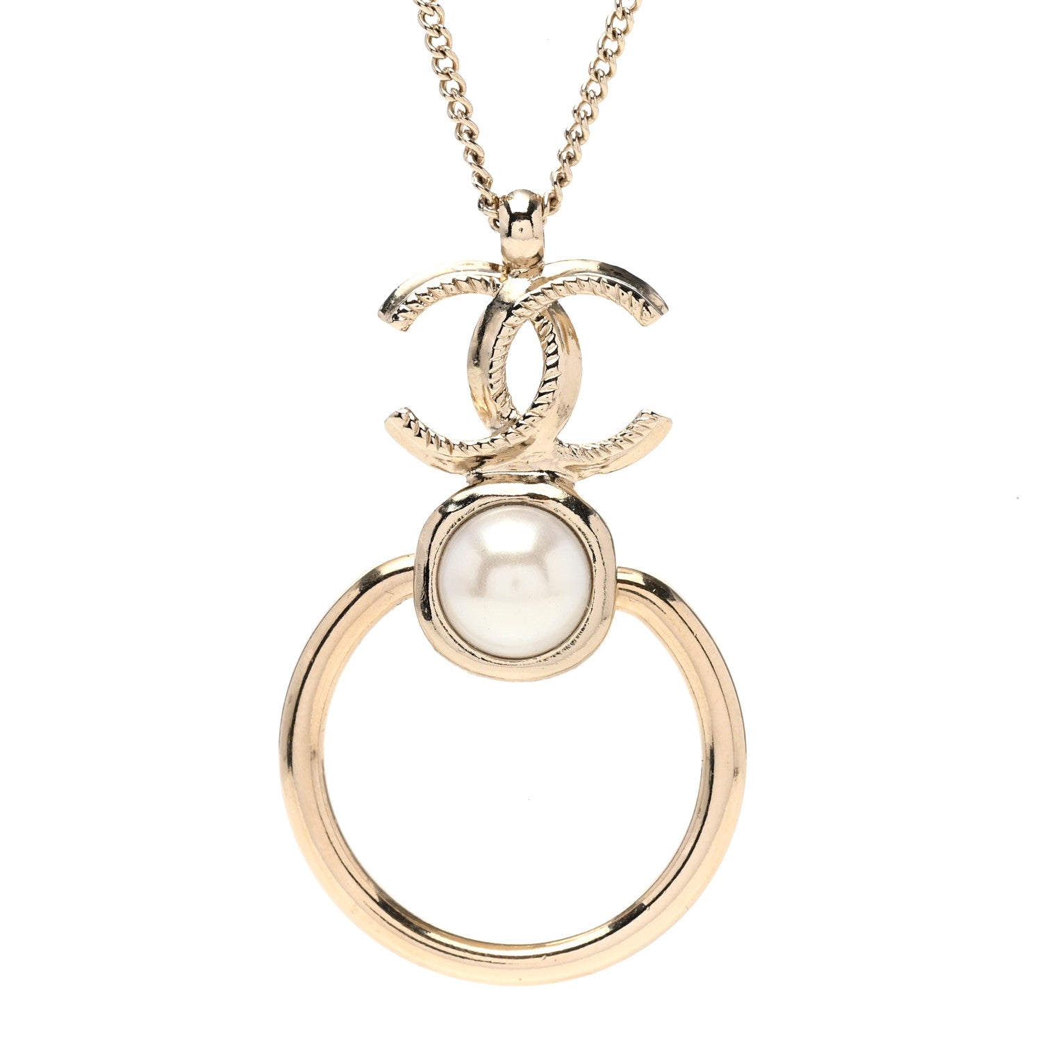 Chanel Metal Pearl CC Hoop Drop Pendant Necklace Gold 4 of 7