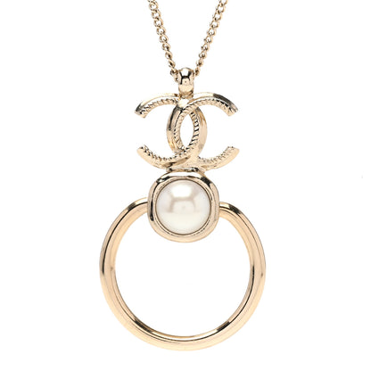Chanel Metal Pearl CC Hoop Drop Pendant Necklace Gold 4 of 7