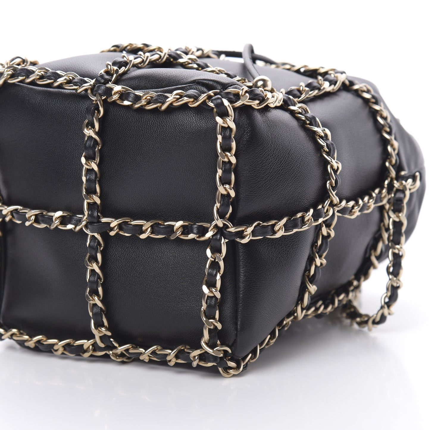 Lambskin Bucket Chain Drawstring Bag Black