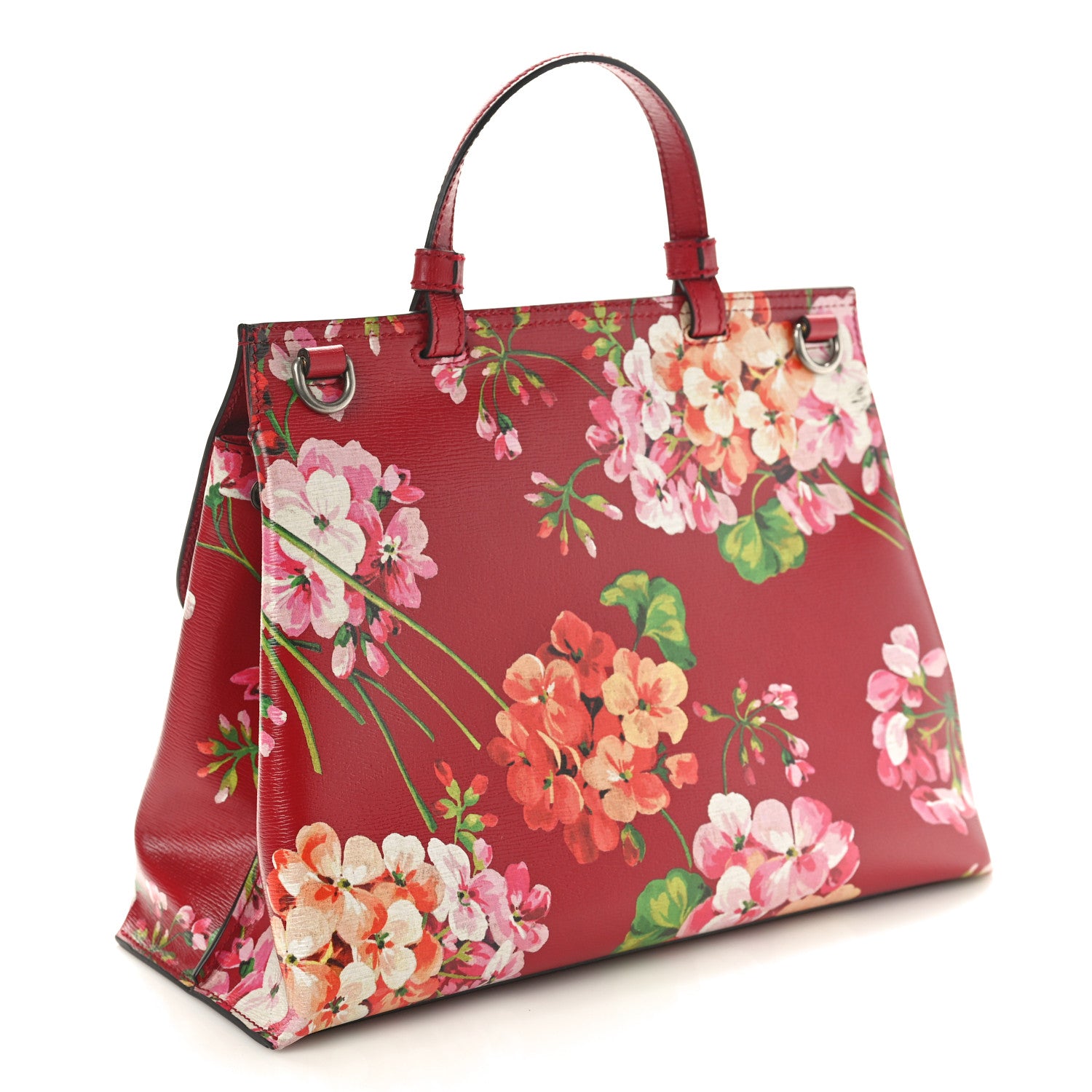 Gucci Shangai Calfskin Blooms Print Medium Bamboo Daily Top Handle Bag Romantic Cerise Multicolor 2 of 9