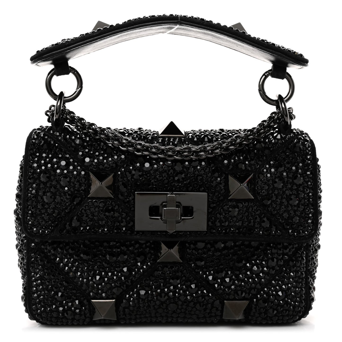 Crystal Suede Lacquer Monochrome Medium Roman Stud Shoulder Bag Black