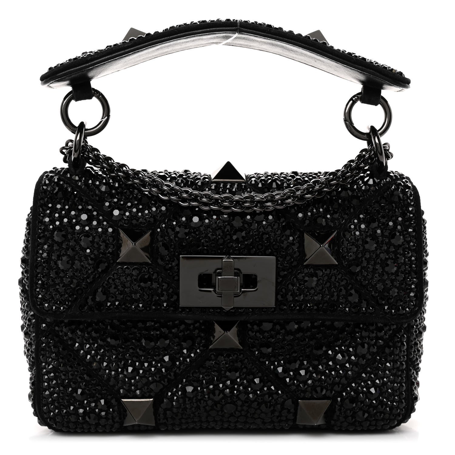 Valentino Garavani Crystal Suede Lacquer Monochrome Medium Roman Stud Shoulder Bag Black 1 of 10