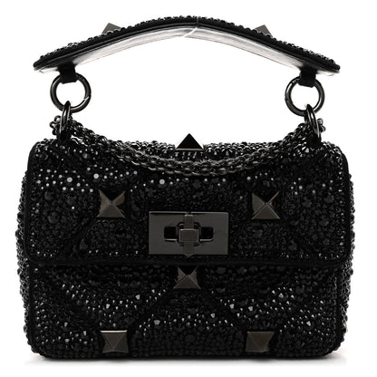 Valentino Garavani Crystal Suede Lacquer Monochrome Medium Roman Stud Shoulder Bag Black 1 of 10